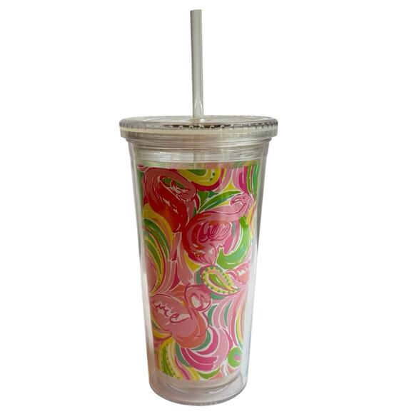Lilly Pulitzer Acrylic Cold Drink Tumbler & Straw Pink Flamingo Preppy Coastal - Picture 5 of 7
